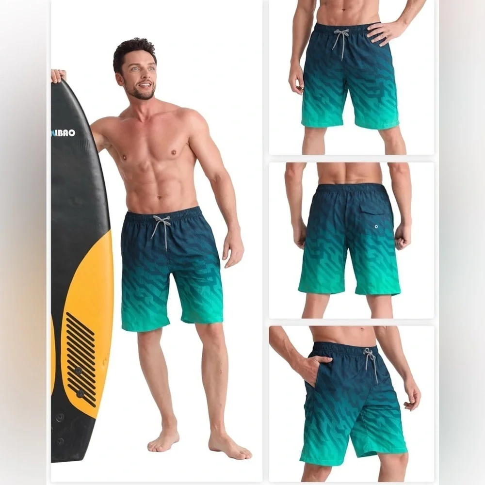 NEW-5XL MENS SWIM TRUNKS blue and green graphic Print colors